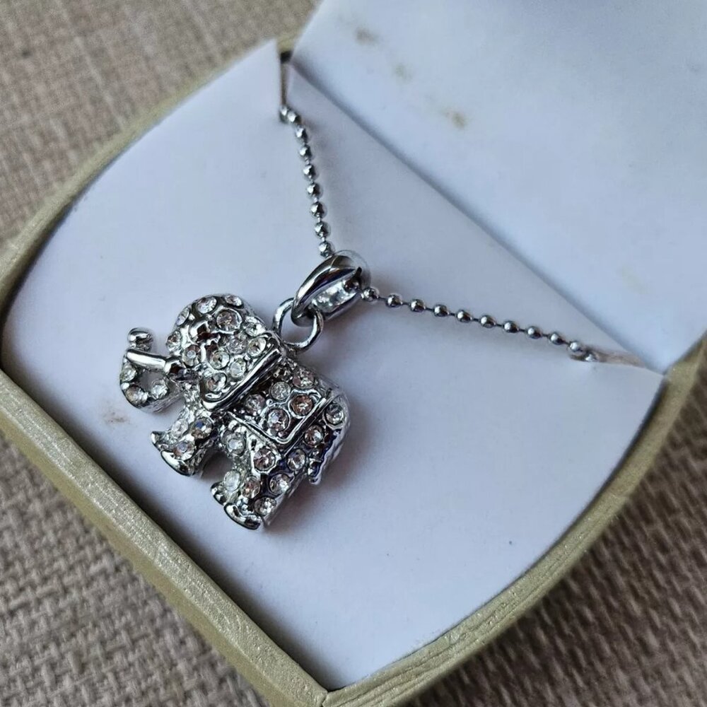 Elephant Pendant Women Necklace Silver Tone Crystals Accent Jewelry